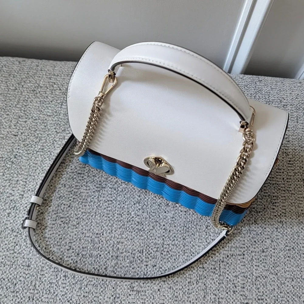 Kate Spade Romy Wicker Medium Top Handle Bag White Blue Woven